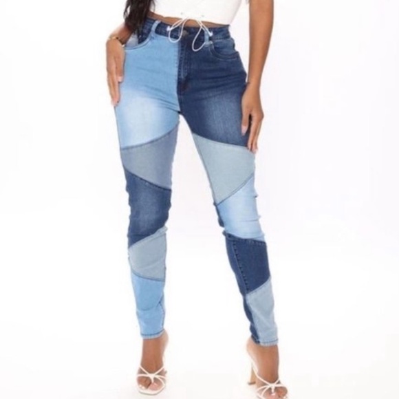 Denim - Patchwork High-waist denim pencil jeans 73%Cotton14%Rayon11%Polyester
